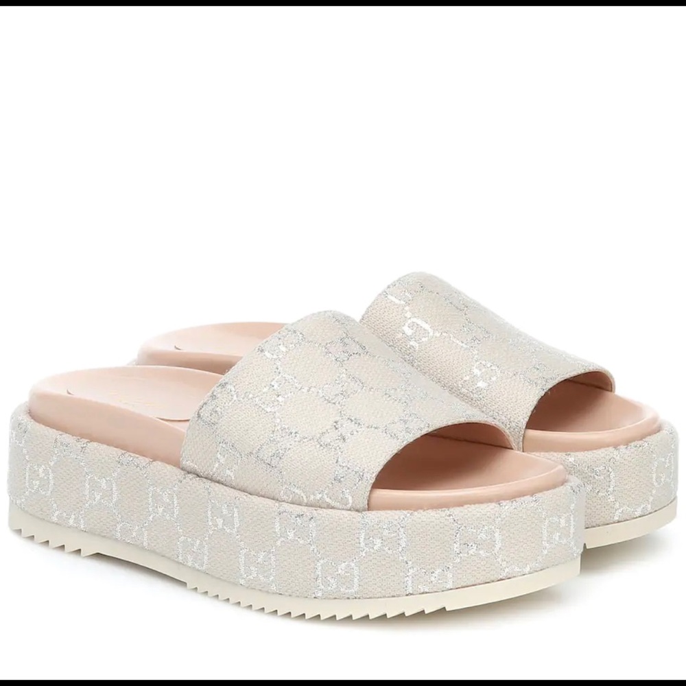 Gucci: Gg Metallic Jacquard Platform Sandals In Silver/Cream